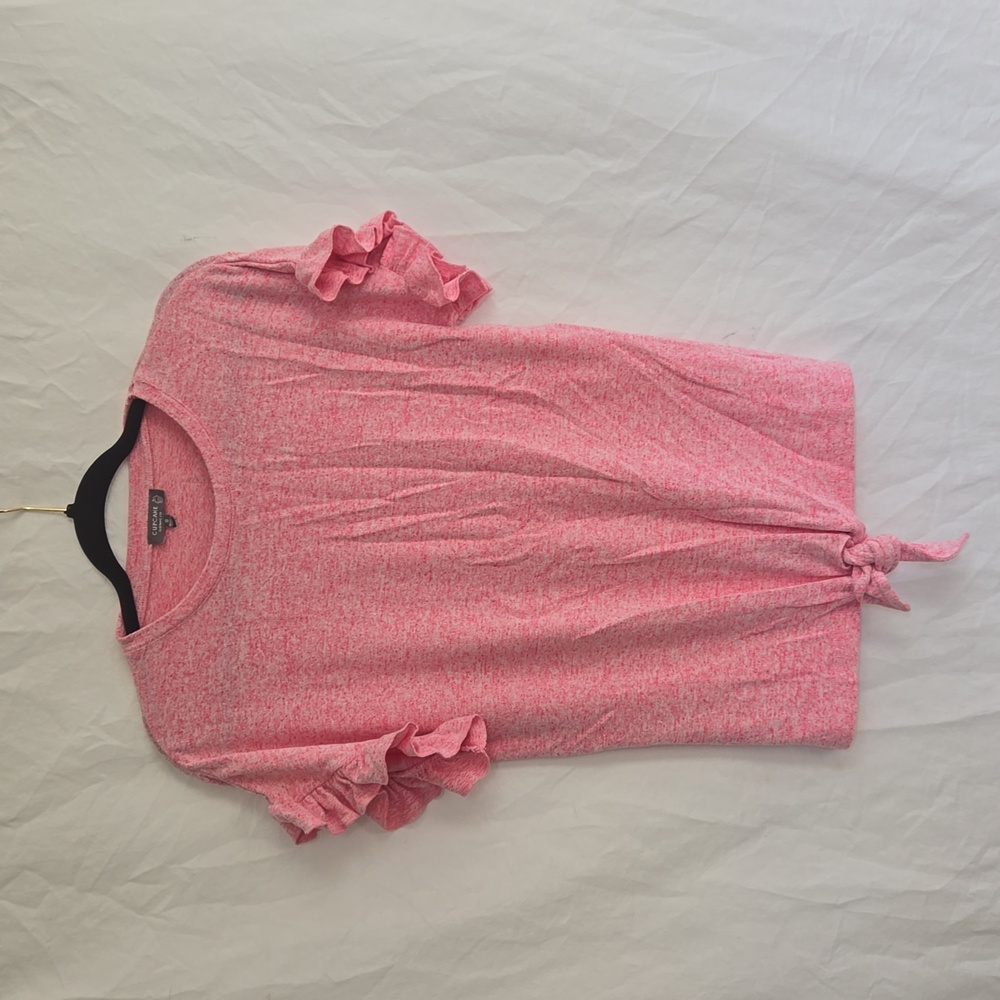 Cupcake Pink short sleeve lightweight sweater with tie and ruffle sleeve.